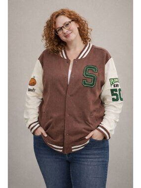 NEW Peanuts Snoopy Varsity Jacket Brown & Cream With Patches Womens Size 3X